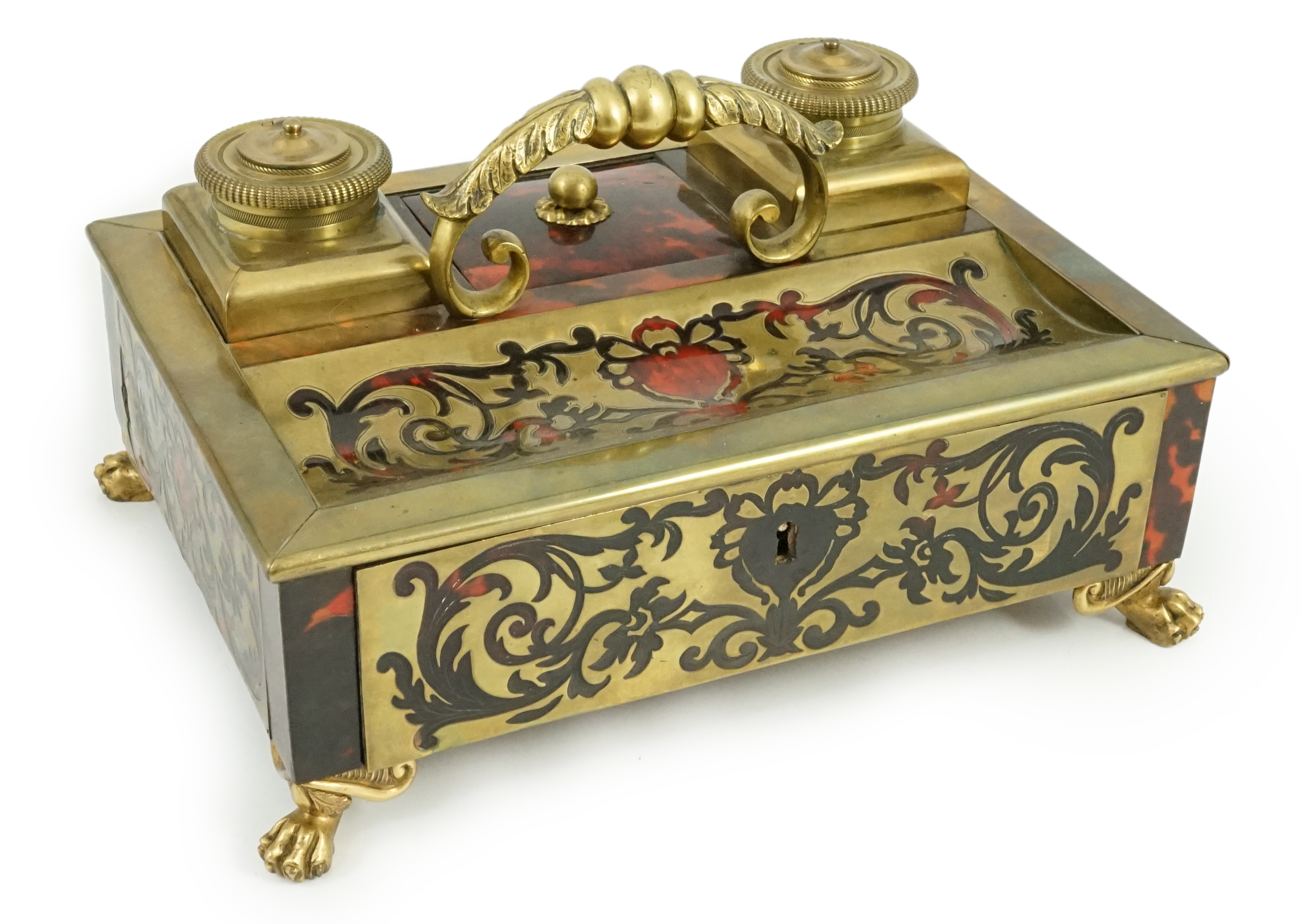 A 19th century Louis XIV style red boulle inkstand, 25cm wide, 18cm deep, 13cm high